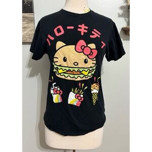 Hello Kitty Sanrio hamburger kitty Japanese kanji kawaii foods‎ black tshirt SM